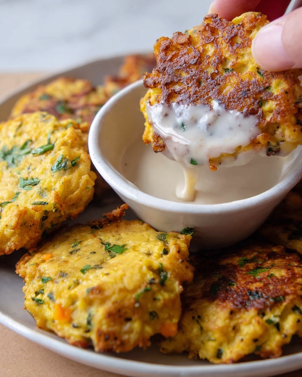 The image shows golden yellow fritters with green herb bits throughout, piled on a white plate. One fritter is being dipped by a woman's hand into a small off-white dipping bowl filled with a light creamy sauce. The fritter dipped in the sauce has a crispy brown edge and a textured surface with visible herbs and small orange specks. The surface below the plate has a white marbled texture. Photo taken with an iphone --ar 4:5 --v 7