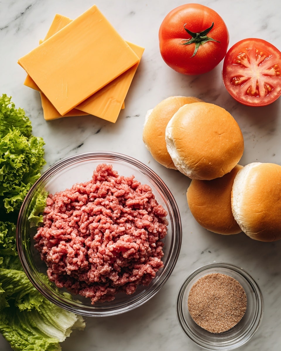 The image shows the ingredients for making a burger on a white marbled surface. At the center, there is a clear glass bowl filled with pinkish-red ground beef. To the top right, there are soft, rounded golden brown buns stacked in a pile. To the top left, a stack of rectangular, bright orange cheddar cheese slices is laid out flat next to a ripe red tomato. At the bottom right, there is a small clear bowl filled with light brown beef seasoning. At the bottom left, fresh green leafy lettuce is partly visible. The scene is clean and well-organized with all items clearly separated. photo taken with an iphone --ar 4:5 --v 7