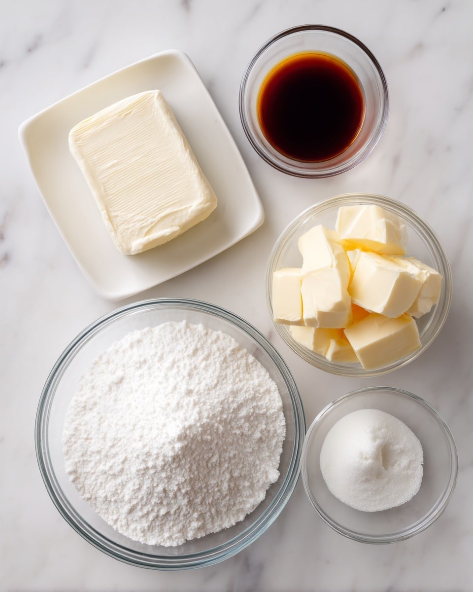The image shows four clear glass and white dishes laid out on a white marbled surface. Starting from the bottom right, there is a large round clear bowl filled with powdered white sugar with a powdery texture. To the left of this bowl, a small white rectangular plate holds a block of soft cream cheese that is smooth and slightly shiny. Above the cream cheese, a tiny clear glass bowl contains dark brown vanilla extract with a thick liquid texture. To the right of that, a small clear glass bowl holds several cubes of pale yellow soft butter with smooth edges. photo taken with an iphone --ar 4:5 --v 7