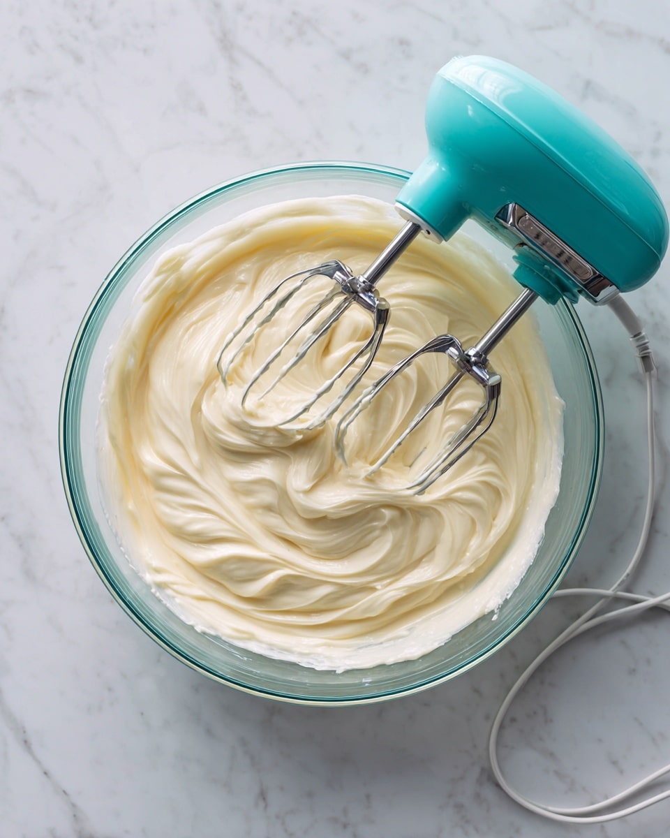 A clear glass bowl filled with creamy off-white batter is placed on a white marbled surface. Inside the bowl, a turquoise electric hand mixer with metal beaters is partially immersed in the smooth, thick mixture, showing swirls and peaks. The cord of the mixer extends to the right side, resting on the marbled background. photo taken with an iphone --ar 4:5 --v 7