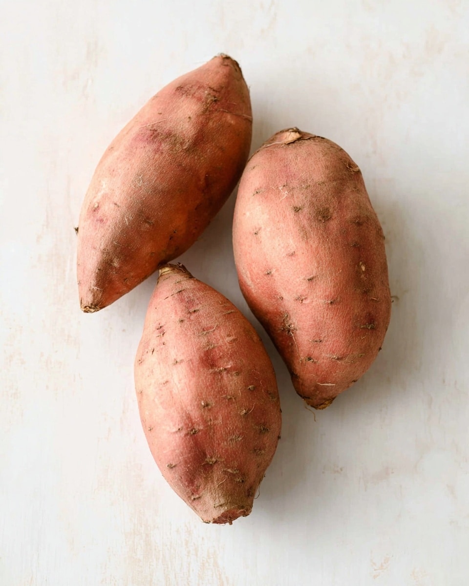 The image shows three raw sweet potatoes lying on a white marbled surface. Each sweet potato is medium-sized with a rough, reddish-brown skin that has small spots and natural marks. The sweet potatoes are placed close to each other, with two positioned slightly diagonally and one more upright. The lighting is soft and natural, giving the skin a matte texture without shine. There are no other objects in the image, keeping the focus entirely on the sweet potatoes. photo taken with an iphone --ar 4:5 --v 7