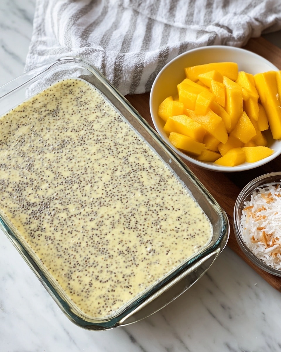 The image shows a clear glass rectangular dish filled with a creamy pudding that has small black chia seeds evenly spread throughout the light yellow mixture. Next to the dish, on the white marbled surface, there is a white bowl with bright yellow mango chunks arranged neatly, and a small clear bowl of shredded toasted coconut with light brown edges. A white cloth with gray stripes is partially visible in the background. The scene is simple and clean, highlighting the natural colors and textures of the food. photo taken with an iphone --ar 4:5 --v 7