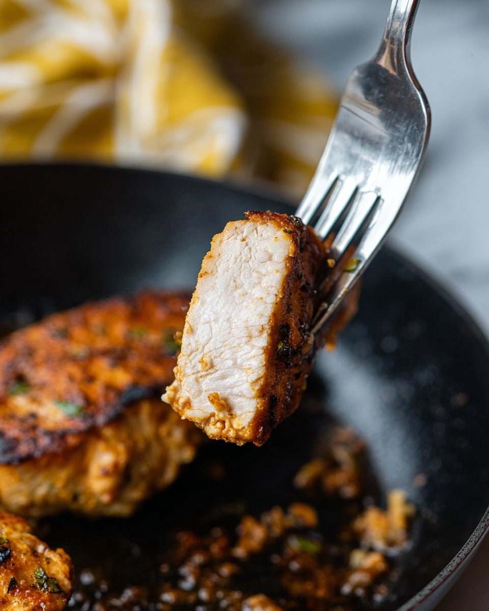 A close-up of one piece of cooked chicken held by a silver fork above a black pan with another piece in the background. The chicken has a golden-brown crispy outside layer and tender white inside meat with a slight shine from juices. The pan contains small bits of cooked garlic and herbs, creating a textured dark brown and orange base under the chicken. The background features a soft white marbled surface with a hint of a yellow and white patterned cloth. Photo taken with an iphone --ar 4:5 --v 7