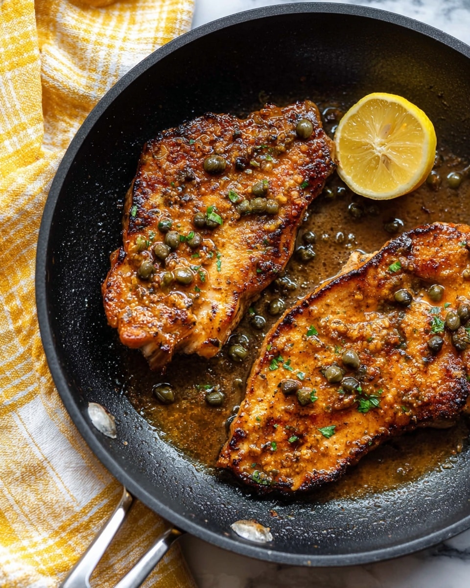 The image shows two golden brown cooked pieces of meat in a black pan. The meat has a textured, slightly crispy surface with some small green herb bits sprinkled on top. Around the meat in the pan are small, dark round bits, possibly capers, sitting in a glossy brown sauce. In the top right corner of the pan, there is a half lemon with a bright yellow rind and pale yellow inside. The pan is set on a white marbled surface with a yellow and white checkered cloth partially visible on the left side. The photo taken with an iphone --ar 4:5 --v 7
