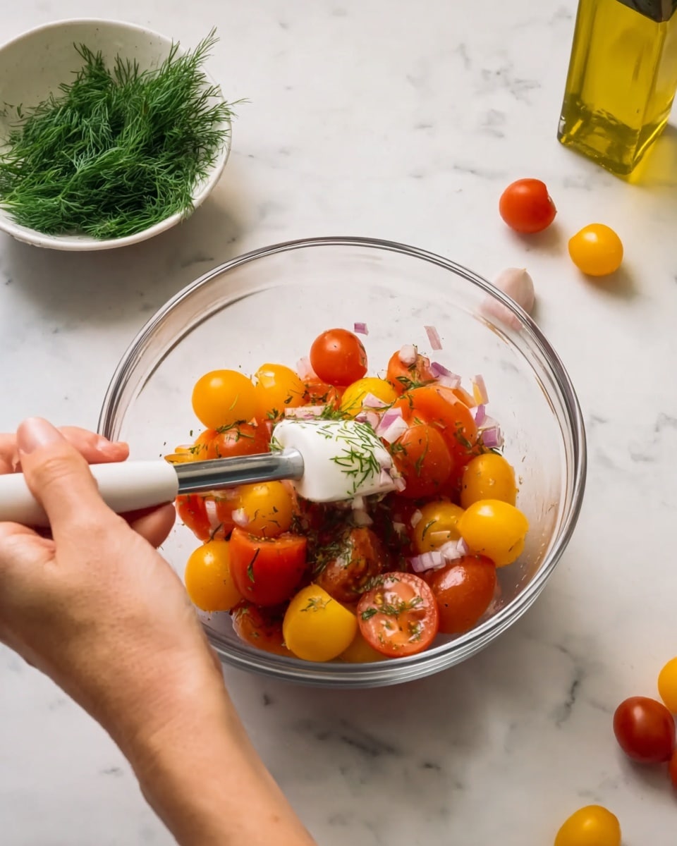 A clear glass bowl sits on a white marbled surface filled with red and yellow cherry tomatoes mixed with small bits of onion and herbs, showing a fresh and colorful salad in progress. A woman's hand holds the bowl steady while another woman's hand stirs the salad using a small white spatula with a silver handle. In the background, a small white bowl holds a bunch of fresh green dill, and a few loose cherry tomatoes, both red and yellow, are scattered nearby along with a glass bottle of olive oil. The scene is bright and clean, focusing on fresh, simple ingredients being gently mixed. photo taken with an iphone --ar 4:5 --v 7