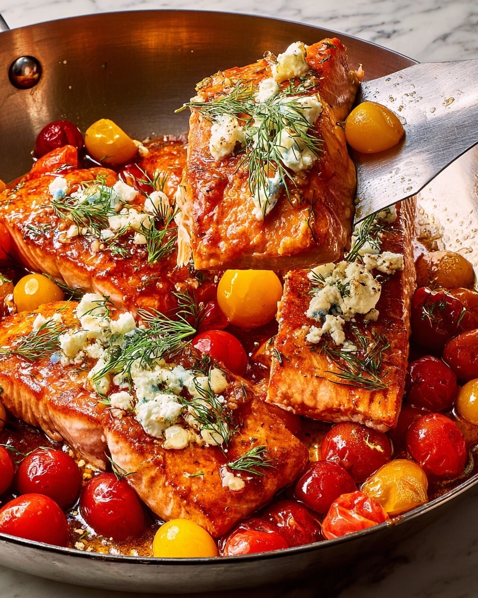A large shiny silver pan holds several thick pieces of cooked salmon with a rich, orange-brown color and slightly crispy texture, topped with bright white crumbled cheese and green dill sprigs. Among the salmon pieces are many vibrant red and yellow cherry tomatoes, some whole and shiny with slight softening. A metal spatula lifts one piece of salmon from the pan, showing its textured surface, topped with more cheese, a dill sprig, and a yellow cherry tomato. The background and surface are white marbled texture. photo taken with an iphone --ar 4:5 --v 7
