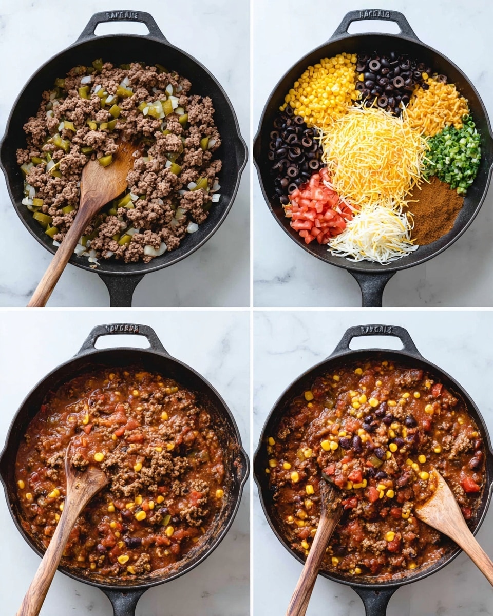 A black skillet is shown in four stages of cooking on a white marbled surface. In the first image, cooked ground beef mixed with chopped onions and green peppers fills the pan, with a wooden spoon resting on top. The second image includes the same beef base with added layers of black olives, diced tomatoes, corn, tomato sauce, and several spices forming colorful small piles. The third image shows the mixture combined and topped with shredded yellow cheese in the center, while the wooden spoon stirs the ingredients. The last image reveals the fully cooked dish, a thick stew with visible chunks of beef, corn, diced tomatoes, and olives in a rich sauce, being stirred by the wooden spoon. Photo taken with an iphone --ar 4:5 --v 7