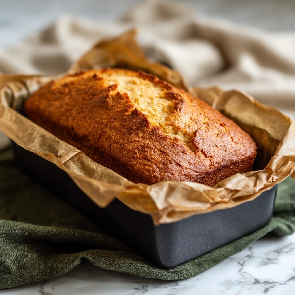 A loaf of light golden brown bread with a slightly cracked top is resting in a black baking dish lined with brown parchment paper. The bread has a soft and spongy texture with a smooth and firm crust wrapping around the sides. The baking dish sits on a folded dark green cloth placed on a white marbled surface. The background is softly blurred with pale beige fabric visible. Photo taken with an iphone --ar 4:5 --v 7