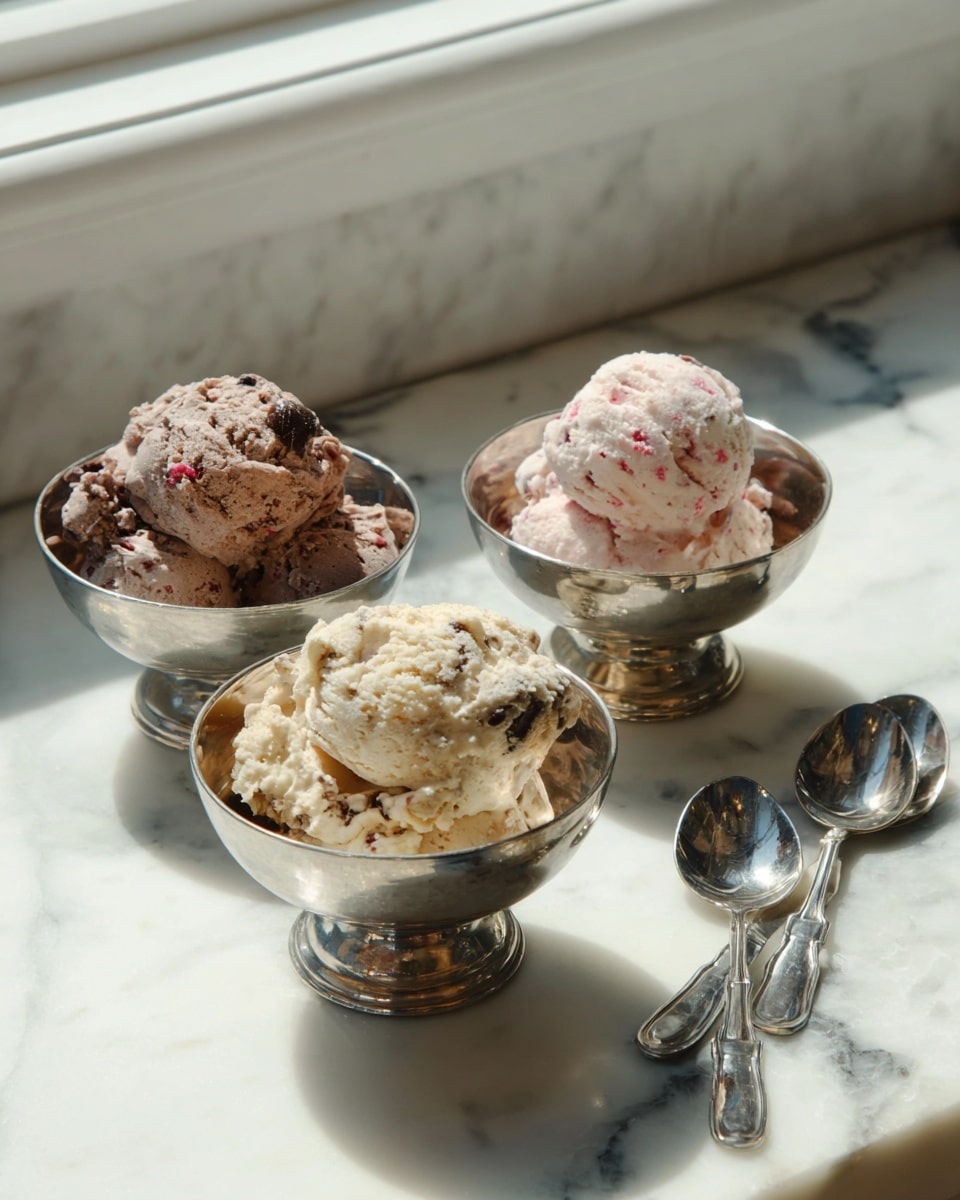 Three small silver bowls sit on a white marbled surface near a window with soft sunlight. Each bowl holds two scoops of ice cream: the left bowl has chocolate ice cream with chunks, the middle bowl contains pale pink ice cream with red fruit pieces, and the right bowl shows creamy beige ice cream with visible nut and fruit bits. To the right, three shiny silver spoons are placed side by side, reflecting the light. The background and surface are white marble, adding to a clean, bright setting. Photo taken with an iphone --ar 4:5 --v 7
