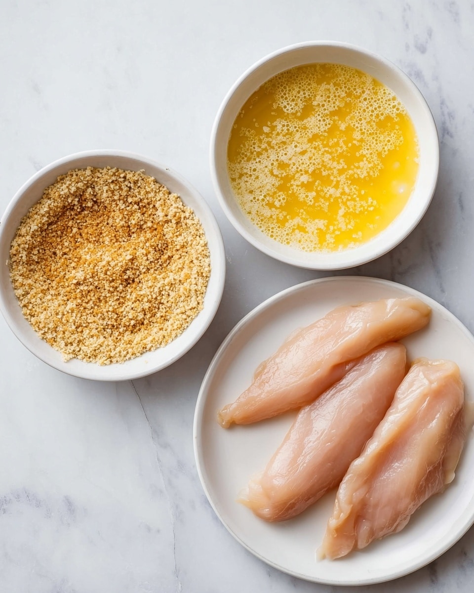 The image shows three white dishes placed on a white marbled surface. The dish on the left contains a single layer of golden brown breadcrumbs with a slightly coarse texture. The dish on the top holds a layer of beaten eggs, bright yellow with some frothy bubbles on the surface. The dish on the right has several raw chicken tenders, light pink with smooth and slightly shiny surfaces, arranged to cover most of the white plate. Photo taken with an iphone --ar 4:5 --v 7