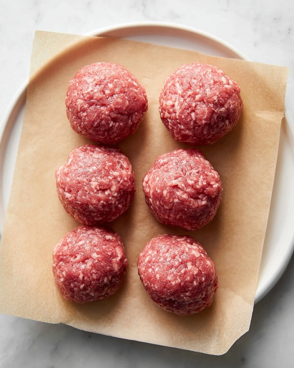 Six round balls of raw ground meat, pinkish-red in color with a slightly coarse texture, are placed in two rows of three on a piece of light brown parchment paper. The parchment lies on a smooth white plate with a white marbled texture surface underneath it. The balls are evenly sized and closely packed together, showing the fine detail of the meat strands in each one. photo taken with an iphone --ar 4:5 --v 7