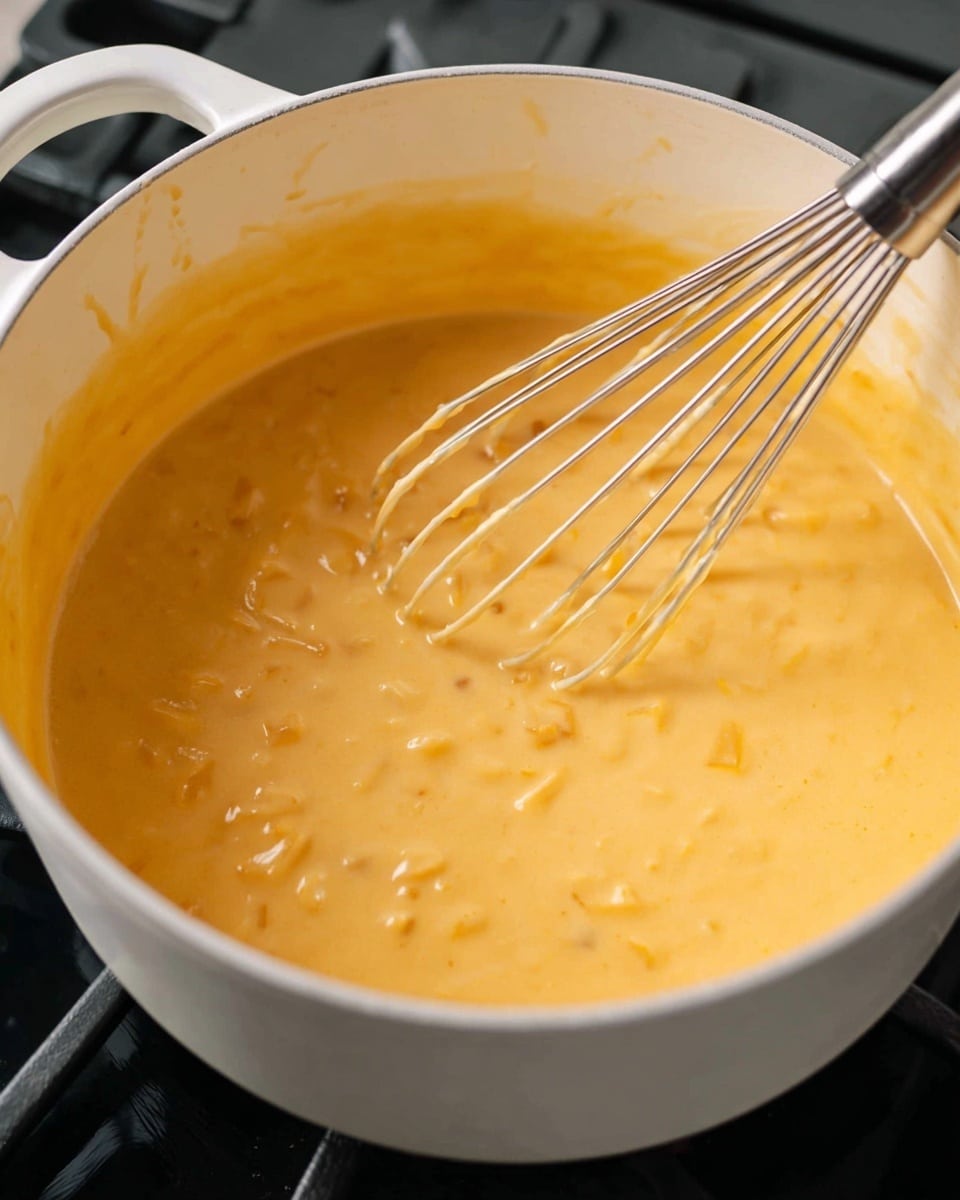A white pot filled with a thick, creamy light orange sauce that has small pieces mixed inside, and a silver whisk stirring it gently. The pot sits on a black stovetop, and the texture of the sauce looks smooth yet slightly chunky with a glossy finish. The silver handle of the whisk is angled to the right, catching some light. The scene is bright with soft shadows and the pot has a clean, white interior with a small bit of sauce splashed on the side. photo taken with an iphone --ar 4:5 --v 7