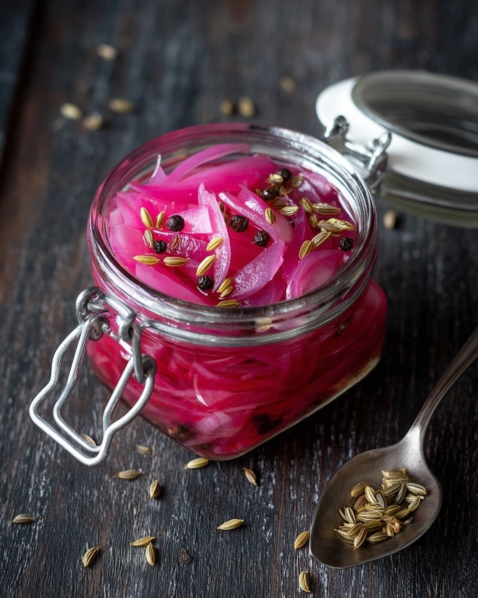 A glass jar filled with bright pink pickled onion slices layered inside, topped with scattered yellow fennel seeds and black peppercorns, showing a shiny liquid around the onions. The jar is open with a metal hook clasp, sitting on a dark wood surface with some fennel seeds scattered nearby. A shiny silver spoon is placed just above the jar. photo taken with an iphone --ar 4:5 --v 7