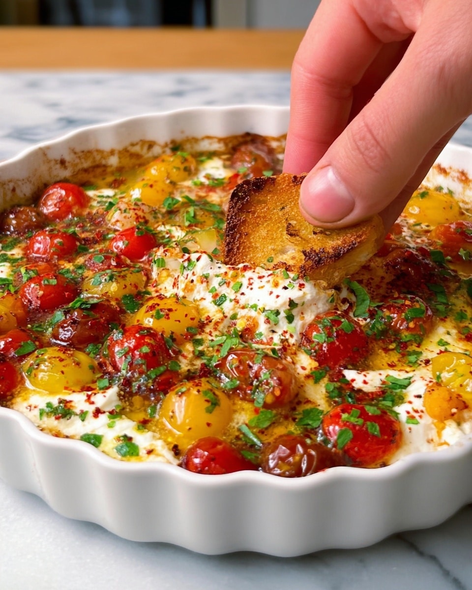 A white scalloped dish filled with a colorful dip showing layers of melted white cheese, bright red and yellow cherry tomatoes, and green herbs sprinkled on top. The dip has a slightly oily texture with red chili flakes and chopped parsley adding specks of green and red all over. A woman's hand is dipping a toasted golden brown bread piece with visible crust into the creamy, vibrant mixture. The dish sits on a white marbled surface. photo taken with an iphone --ar 4:5 --v 7