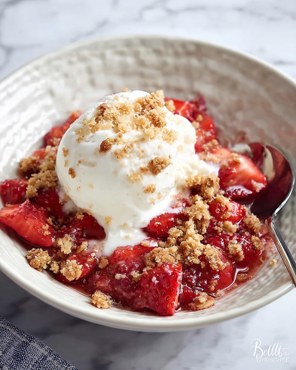The dish is a close-up of a baked crumble in a white ceramic rectangular baking dish. The top layer is a golden brown crumbly oat mixture with a rough texture and scattered small oat pieces. Beneath this, a thick layer of bright red, glossy strawberry filling with visible sliced strawberries and seeds can be seen where a portion has been scooped out. A silver spoon is lifting some of the crumble with the filling underneath, positioned on the right side of the dish. The dish rests on a white marbled textured surface. Photo taken with an iphone --ar 4:5 --v 7