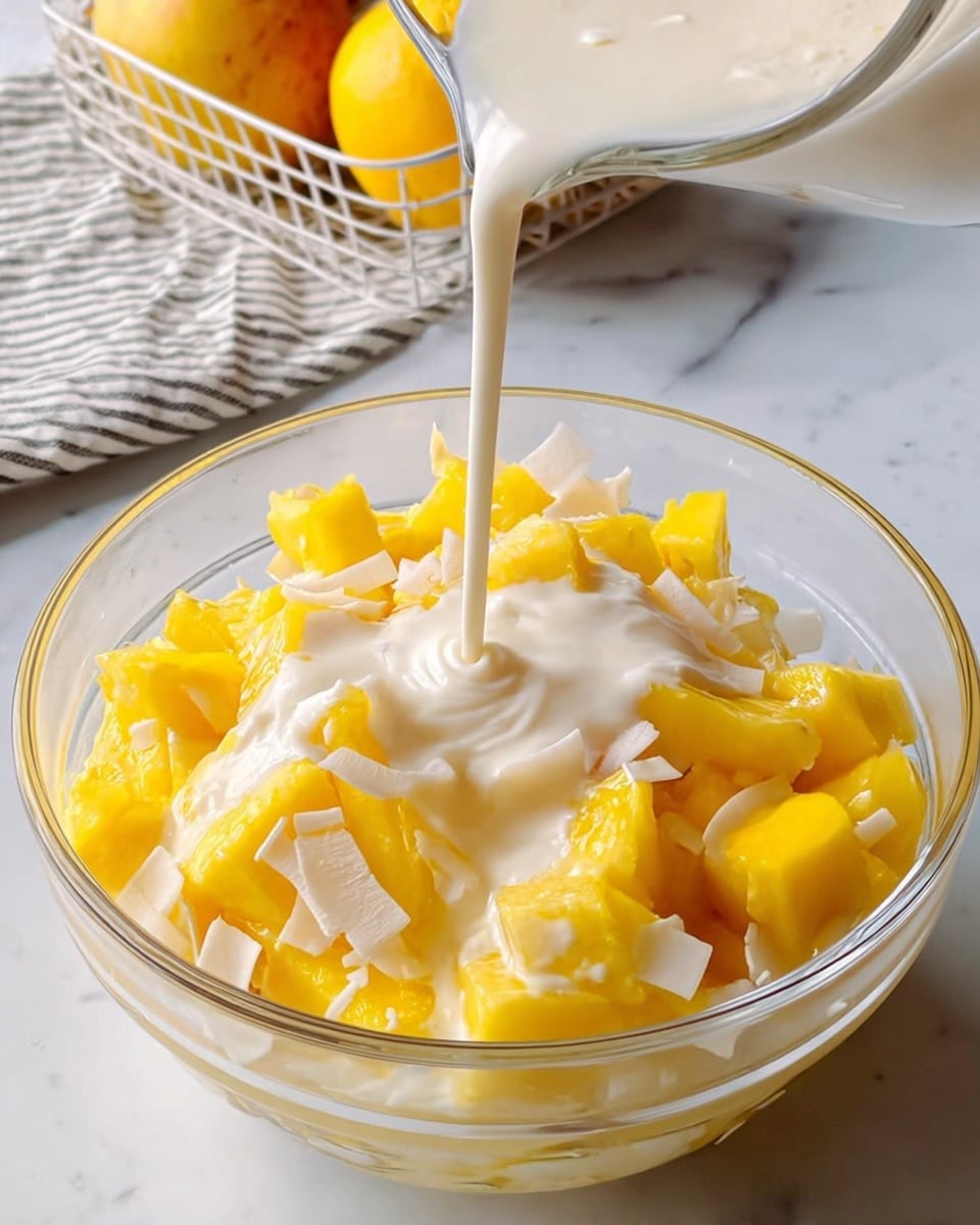 The image shows a clear glass bowl filled with bright yellow mango chunks mixed with white coconut pieces. White creamy sauce is being poured over the top, covering the mango and coconut evenly. The bowl is placed on a white marbled surface, and in the upper left corner, a white wire basket with some yellow fruit and a cloth with black and white stripes is slightly visible. The scene is brightly lit, highlighting the fresh colors and smooth creamy texture. photo taken with an iphone --ar 4:5 --v 7