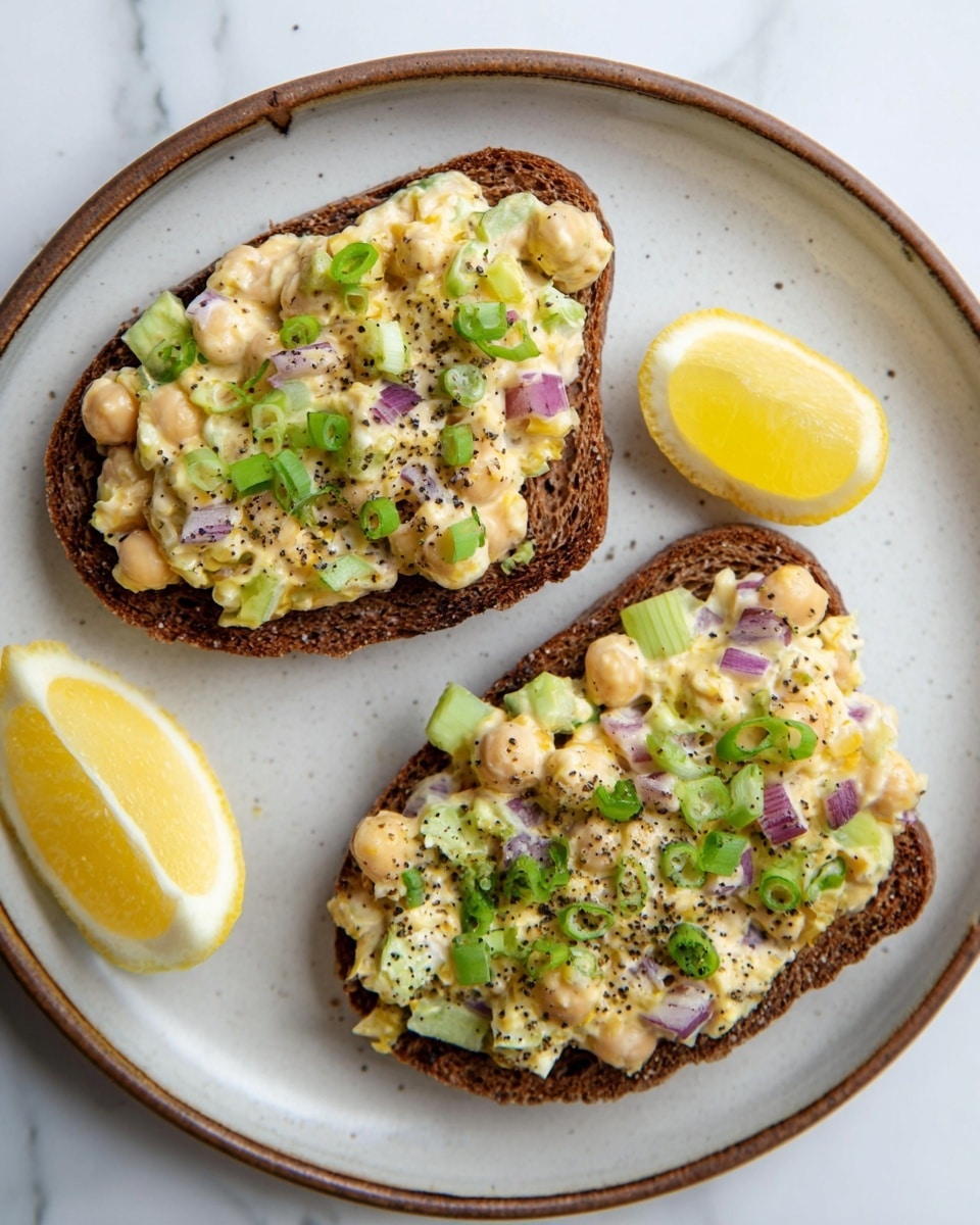 Two slices of dark brown bread are placed on a round white plate with a brown edge, each topped with a creamy mixture containing chopped celery, red onion, and chickpeas, all seasoned with black pepper and garnished with green onion slices. Two lemon wedges, one whole and one halved, sit on the plate, adding a bright yellow contrast. The plate rests on a white marbled surface. photo taken with an iphone --ar 4:5 --v 7