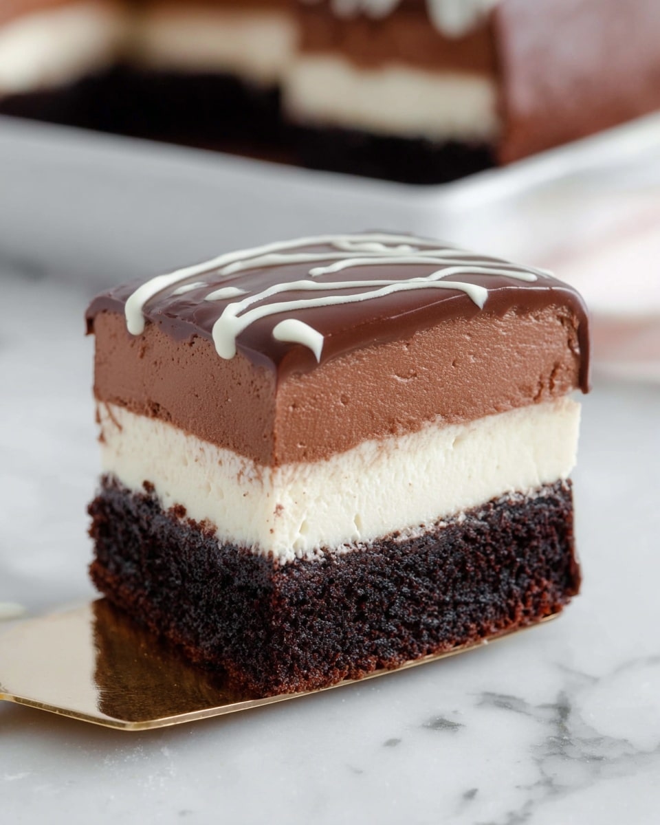 A single square piece of cake with three visible layers sits on a golden spatula over a white marbled surface. The bottom and middle layers are dark chocolate cake with a rich, moist texture, while the middle layer is thick and creamy white frosting. The top layer is a smooth chocolate ganache with a shiny, dark brown finish adorned by a thin white frosting design in a wave pattern. The background shows a blurred portion of the whole chocolate cake on a white tray. Photo taken with an iphone --ar 4:5 --v 7