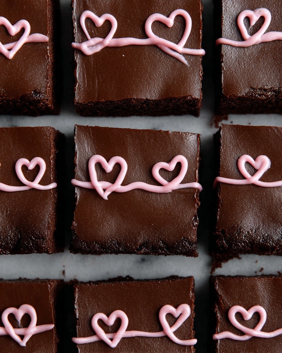 This image shows a close-up of square chocolate brownies, arranged in a grid pattern. Each brownie has a smooth, glossy chocolate layer on top, dark brown in color. On the top surface of the brownies, there is a row of pink icing hearts connected by a thin pink line, running horizontally across each piece. The brownies are set against a white marbled surface which adds a light contrast to the dark chocolate. The edges of some brownies show slight texture differences where the cuts have separated them. photo taken with an iphone --ar 4:5 --v 7