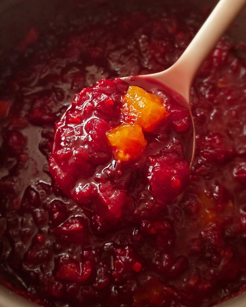 A close-up view of a pot filled with a thick red berry sauce mixed with orange chunks. The sauce looks juicy and glossy with various textures from whole and crushed berries. A beige spoon is holding a portion of the sauce and fruit near the center of the image, showing the bright orange fruit pieces against the deep red sauce. The background inside the pot is filled with more sauce and fruit, all appearing wet and shiny, with the whole scene set against a white marbled texture. photo taken with an iphone --ar 4:5 --v 7