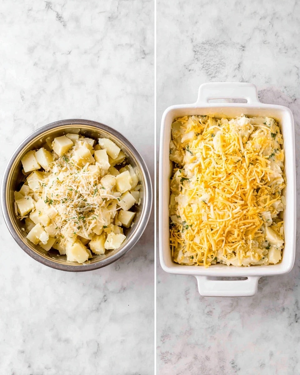 The image shows two side-by-side photos on a white marbled surface. On the left, there is a silver bowl filled with cubed potatoes as the base layer, topped with a light creamy sauce, shredded yellow cheese, and some scattered green herbs. On the right, a white square baking dish holds the same ingredients mixed together as a single layered casserole, with the cheesy potatoes spread evenly across the dish. The cheese and potatoes have a pale yellow and light beige color, with a smooth and slightly textured appearance. photo taken with an iphone --ar 4:5 --v 7