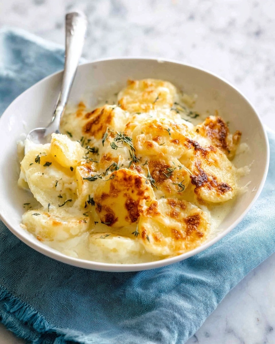 A white bowl holds a creamy potato dish with soft, pale yellow potato pieces layered underneath a golden brown, slightly crispy cheese topping with some hints of herb sprigs scattered over. The bowl rests on a light blue cloth on a white marbled surface, and a silver spoon is placed inside the bowl, leaning against the side. The textures show the smooth cream sauce and the baked, bubbly cheese on top photo taken with an iphone --ar 4:5 --v 7