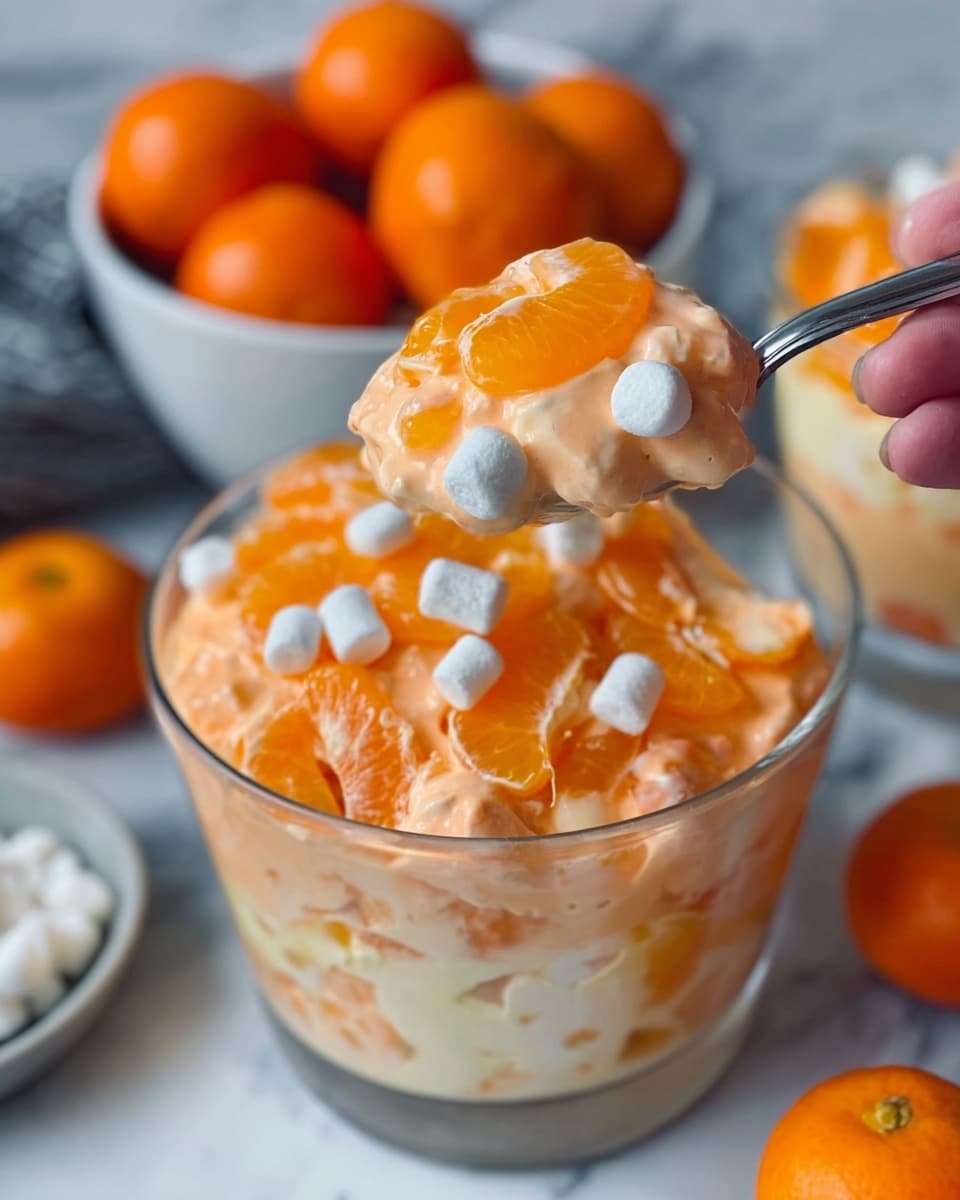 The image shows a small white bowl filled with a fluffy, creamy orange dessert, topped with a shiny, bright orange mandarin slice. The dessert has a light, airy texture with visible chunks of fruit mixed throughout. Behind the small bowl, there is a large clear glass bowl filled with more of the same creamy orange mixture and a few white mini marshmallows on top. The background features a white marbled surface, and there are whole oranges partially visible around the bowls, adding a fresh and colorful touch. photo taken with an iphone --ar 4:5 --v 7