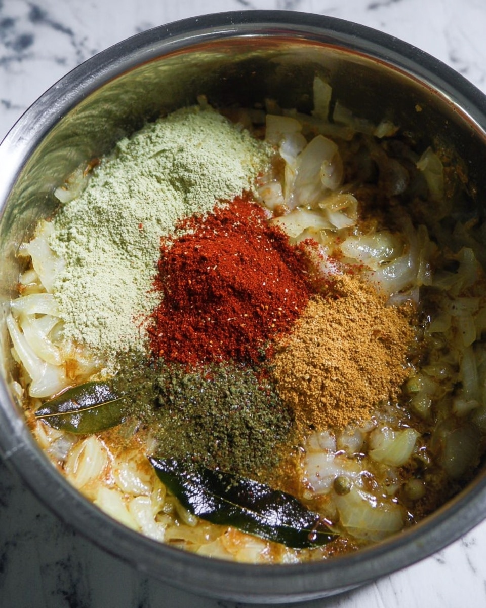 Inside a silver cooking pot, there is a mixture of soft cooked onions and spices. The base layer shows translucent, slightly brown cooked onions and green curry leaves. On top, there are three piles of powdered spices: a light green powder on the left, a bright red powder in the center, and a greenish-brown powder on the right. The inside of the pot shows some steam and light oil coating the ingredients, and the background is a white marbled texture. Photo taken with an iphone --ar 4:5 --v 7