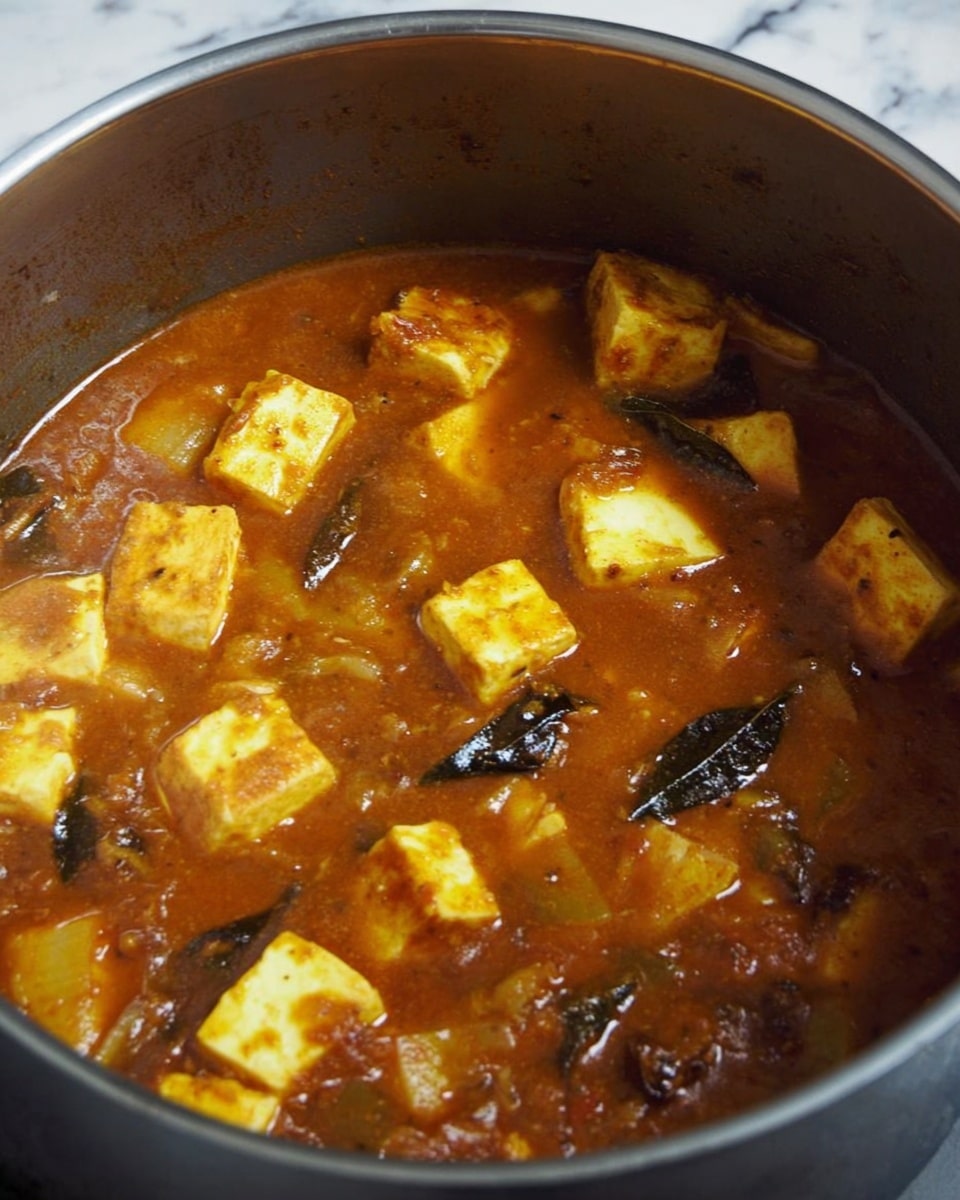 The image shows a pot filled with a thick, brownish-orange stew with chunks of light yellow tofu or paneer floating in the rich sauce. There are also dark green dried leaves scattered throughout the stew, adding color contrast. The stew looks smooth with some visible small vegetable pieces mixed in. The pot appears metallic with a dark interior, and the stew covers most of it. The surface under the pot is white marble texture. photo taken with an iphone --ar 4:5 --v 7