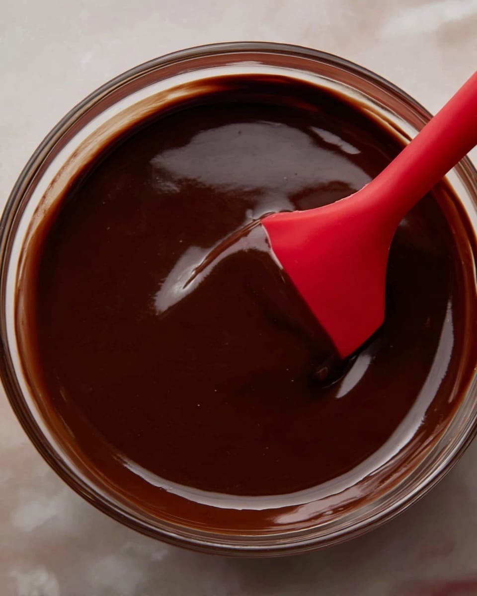 A close-up view of a clear glass bowl filled with smooth, dark brown chocolate sauce. A bright red silicone spatula is partially dipped into the sauce, reflecting the glossy texture of the chocolate. The bowl sits on a white marbled surface. Photo taken with an iphone --ar 4:5 --v 7