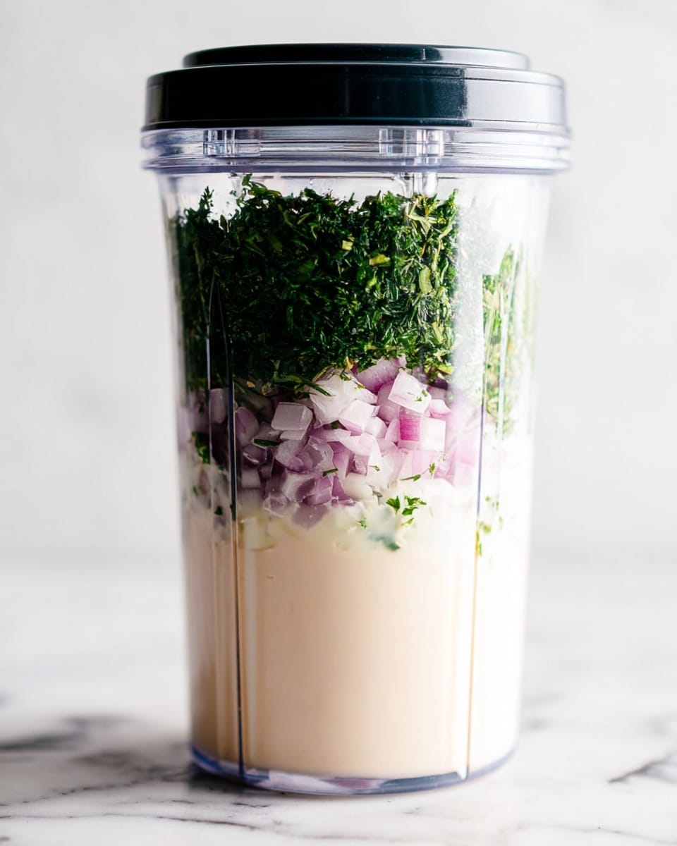 The image shows a clear blender cup filled with three visible layers. The bottom layer is a smooth pale cream sauce, taking up about half of the cup. Above this is a thin middle layer of small, bright purple and white pieces of diced onion. The top layer is a thick, even cover of finely chopped deep green herbs, filling the rest of the cup. The blender cup has a black lid and is placed on a surface with a white marbled texture. photo taken with an iphone --ar 4:5 --v 7