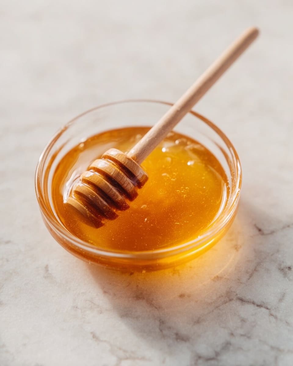 A shallow round clear glass dish filled with smooth, golden honey sits on a white marbled surface. A light wooden honey dipper rests diagonally in the dish, partially covered in honey, with the round grooved head submerged and the handle extending out over the surface. The honey looks thick and shiny, catching soft natural light that causes small reflections inside the dish. The composition is simple, focusing on the warm honey color contrasted against the pale marbled background, photo taken with an iphone --ar 4:5 --v 7