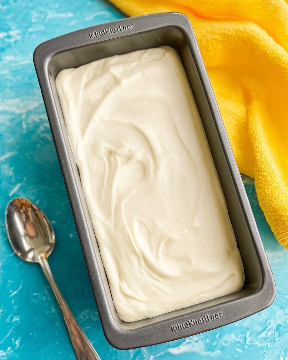 A close-up view of a gray KitchenAid loaf pan filled with smooth, creamy, off-white batter evenly spread inside. The pan sits on a turquoise wooden surface with a shiny silver spoon resting beside it on the right. A bright yellow cloth is seen partially in the upper left corner, adding a pop of color to the scene with a white marbled texture background behind everything photo taken with an iphone --ar 4:5 --v 7
