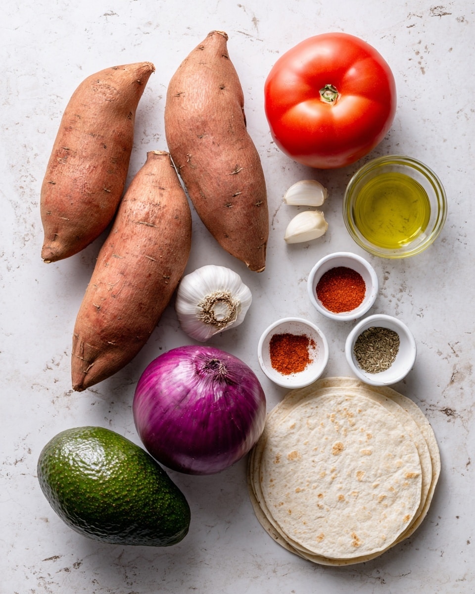 The image shows all the ingredients laid out on a white marbled surface in a neat arrangement. On the left, there are three sweet potatoes, two medium and one small, with a reddish-brown rough skin. Below them, a dark green avocado with bumpy texture sits near the bottom left corner. Above the potatoes is a round bright red tomato with a smooth shiny skin. Next to the tomato are two small garlic cloves, off-white with thin papery skin. To the right of the garlic is a small glass cup of light yellow oil. Below these, a whole purple onion with some roots attached is placed near the center. Next to the onion is a small white bowl containing five different spices: cayenne, chili powder, salt and pepper mix, and cumin, each forming separate colorful piles in the bowl. On the far right, a stack of four white tortillas is neatly placed with the edges showing. The white marbled surface serves as the background for all items. photo taken with an iphone --ar 4:5 --v 7