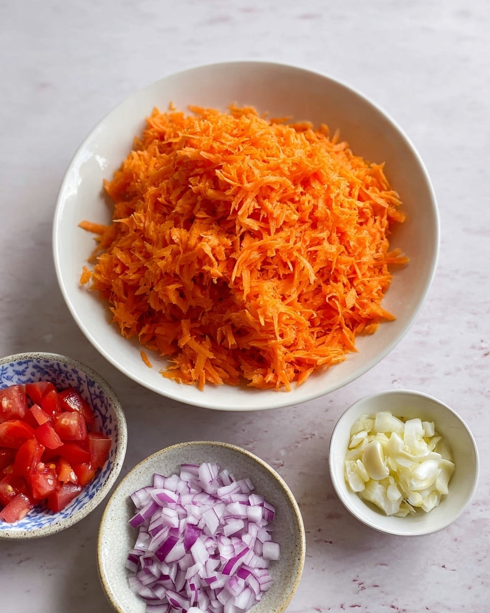A white bowl filled with two big layers of bright orange grated carrots takes the center of the image. Below it, three small white bowls hold pieces of red chopped tomatoes on the left, white and purple chopped onions in the middle, and finely chopped garlic on the right. All bowls and ingredients lie on a white marbled surface. The carrot texture looks soft and moist, and the smaller bowls have a fresh and colorful feel. Photo taken with an iphone --ar 4:5 --v 7
