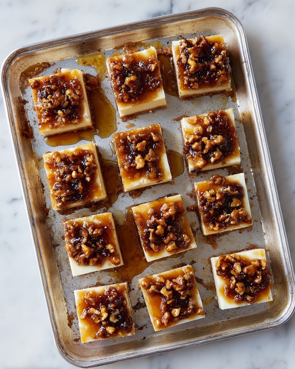 There are eight square pieces of a light brown dessert on a large silver baking tray with some brown spots and caramelized syrup with nuts on top of each piece. The tray is placed on a white marbled surface. The dessert pieces are evenly spaced, showing a slightly toasted texture on top with a glossy syrup layer that looks sticky and nutty photo taken with an iphone --ar 4:5 --v 7