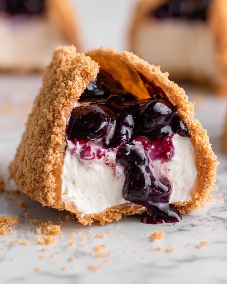 The image shows a close-up of a dessert taco with a crumbly light brown cookie shell on the outside. Inside, there are two layers: a thick, creamy white filling at the bottom, and a glossy dark purple berry sauce on top with visible whole berries. The dessert shell is partially bitten, revealing the smooth texture of the creamy layer and the shiny, thick berry topping oozing slightly. The dessert sits on a white marbled surface sprinkled with cookie crumbs. Photo taken with an iphone --ar 4:5 --v 7
