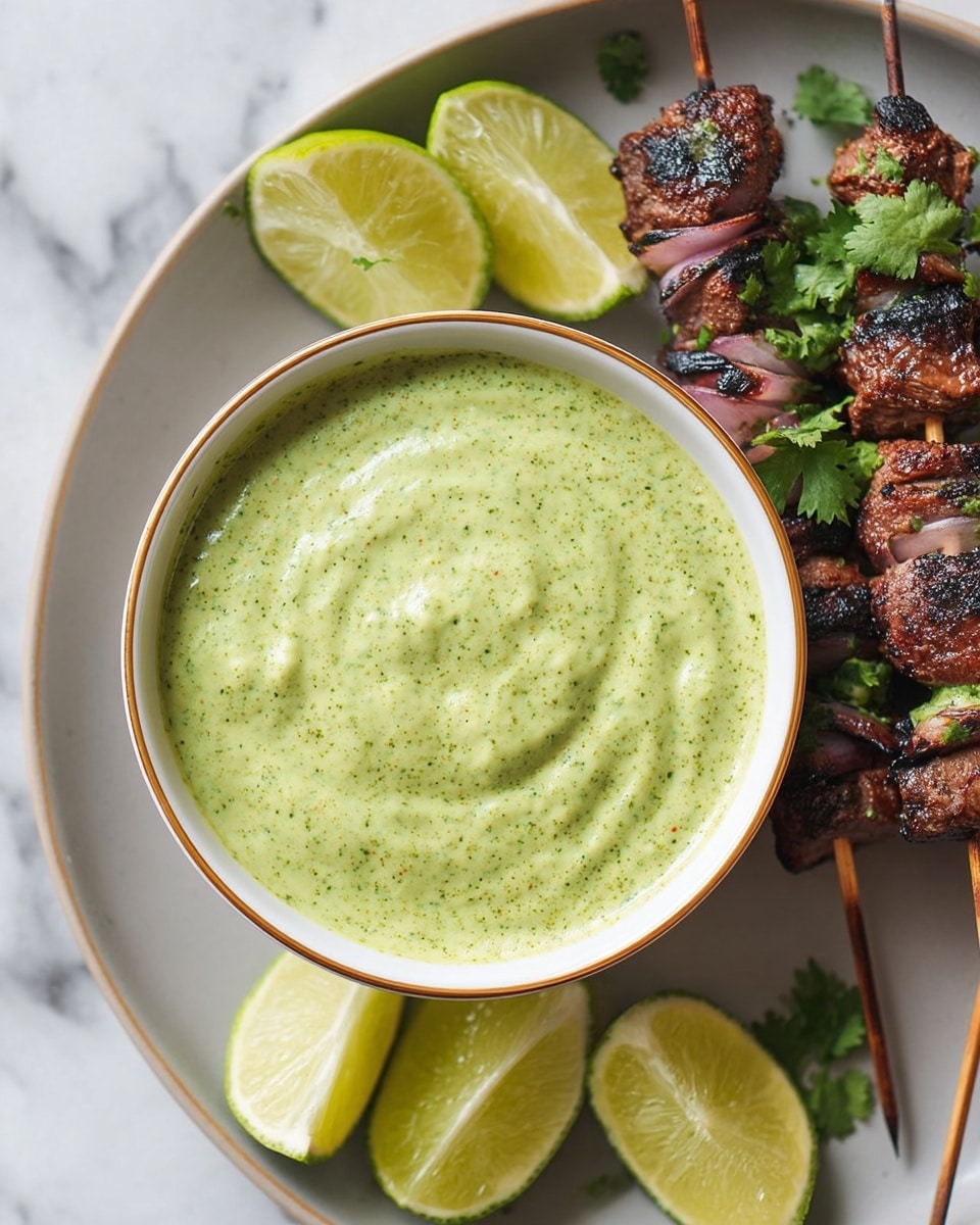 A white bowl with a thin gold rim is filled with creamy, light green sauce speckled with darker green bits, giving a smooth and slightly textured look. The bowl sits on a white plate surrounded by four lime wedges displaying bright yellow-green flesh. To the right of the bowl, there are three wooden skewers holding dark brown grilled meat pieces interspersed with charred pinkish onion slices, garnished with fresh green cilantro leaves. The scene is set on a white marbled surface. photo taken with an iphone --ar 4:5 --v 7