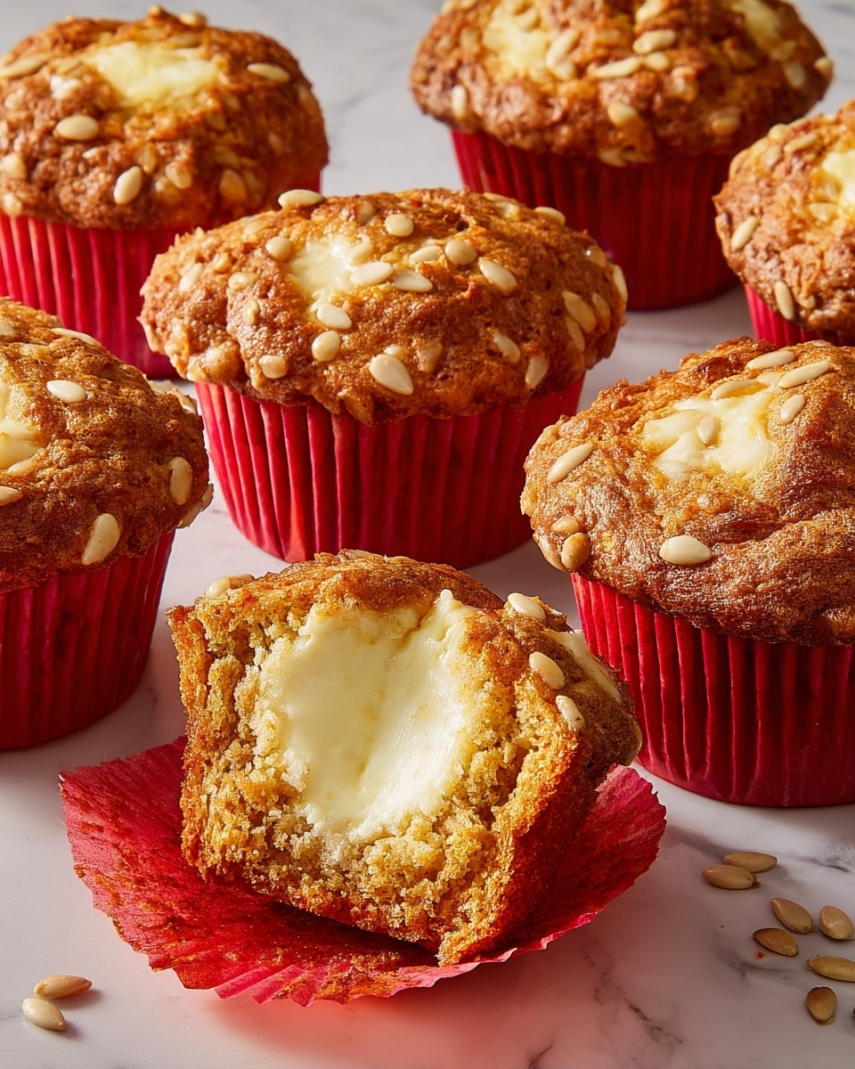 The image shows a group of golden brown muffins with a rough, crumbly top sprinkled with light tan seeds. Each muffin sits inside a bright red paper cup, and one muffin in the front has its red cup peeled down to reveal a soft, moist inside filled with creamy white cheese in the center. The muffins are arranged closely on a white marbled surface, with a few loose seeds scattered around. The texture of the muffins looks slightly crunchy on top and soft inside. photo taken with an iphone --ar 4:5 --v 7