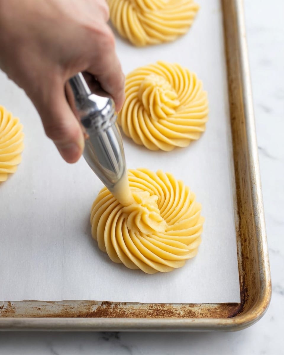 A woman's hand is holding a piping bag with a metal tip, squeezing light yellow dough into circular swirled shapes on a white paper-lined baking tray, which has a slightly worn metal rim. There are two dough swirls clearly visible, one being made and one already piped, each with ridged lines forming evenly spaced loops that spiral inward to a center hole. The background surface is a white marbled texture. photo taken with an iphone --ar 4:5 --v 7