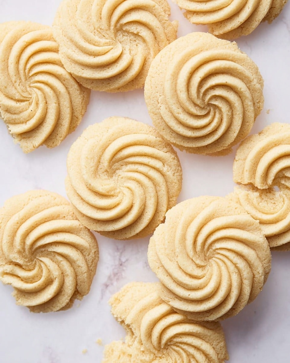 The image shows several round cookies with a light beige color, each shaped like a swirl with ridged lines spiraling from the center outward. They have a soft, smooth texture and some edges show clean bites taken out. The cookies are placed on a flat white marbled surface, arranged in a casual pattern with some overlapping. The lighting is bright and soft, highlighting the creamy tone of the cookies. photo taken with an iphone --ar 4:5 --v 7