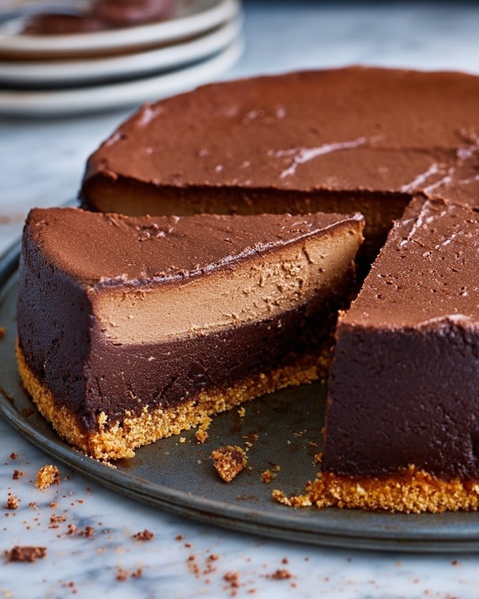 The image shows a round chocolate cheesecake with one slice removed. The cheesecake has three visible layers: a thick dark brown smooth chocolate top layer with slight cracks, a creamy middle chocolate layer that looks soft and dense, and a thin golden brown crumbly crust at the bottom. The cake is sitting on a dark metal cake pan. The background features a white marbled surface with some chocolate crumbs scattered around. Photo taken with an iphone --ar 4:5 --v 7