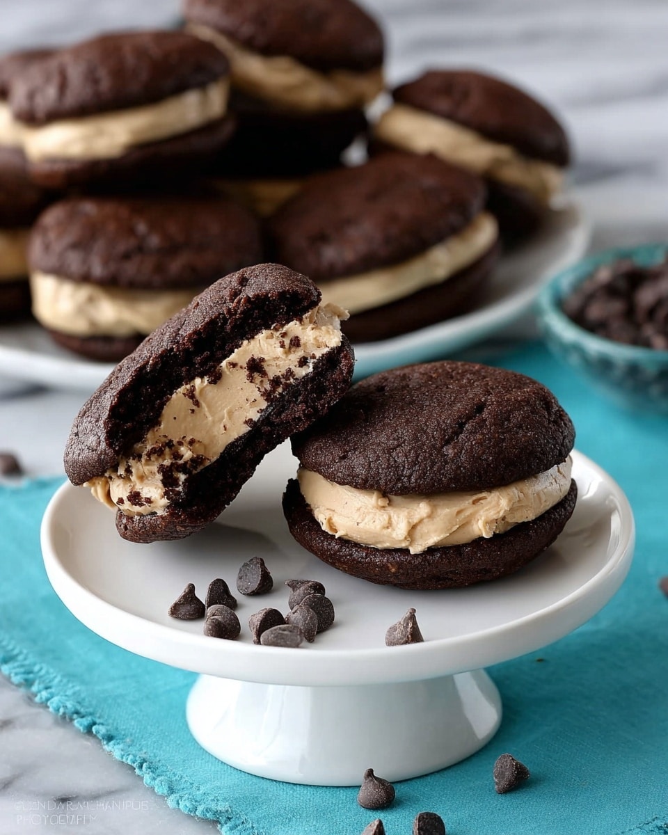 The image shows several dark chocolate sandwich cookies with light brown creamy filling in the middle, placed on a white pedestal plate. One cookie in the front is broken in half, revealing the thick creamy layer between two soft, cracked dark chocolate cookie layers. Small chocolate chips are scattered around the plate adding texture. The plate sits on a bright blue cloth on a white marbled surface, with more whole sandwich cookies blurred in the background. Photo taken with an iphone --ar 4:5 --v 7