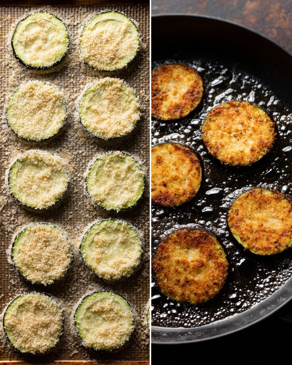 The image shows two steps of cooking sliced eggplants; the left side displays several round eggplant slices coated with a light brown breadcrumb mixture, arranged in rows on a baking tray with a textured surface, each slice evenly covered, showing a pale green edge and creamy interior. The right side shows four eggplant slices frying in a black pan with a shiny oily surface; the slices are golden brown with darker crispy spots, giving a crunchy look, and the pan contrasts sharply with the bright color of the eggplants. photo taken with an iphone --ar 4:5 --v 7