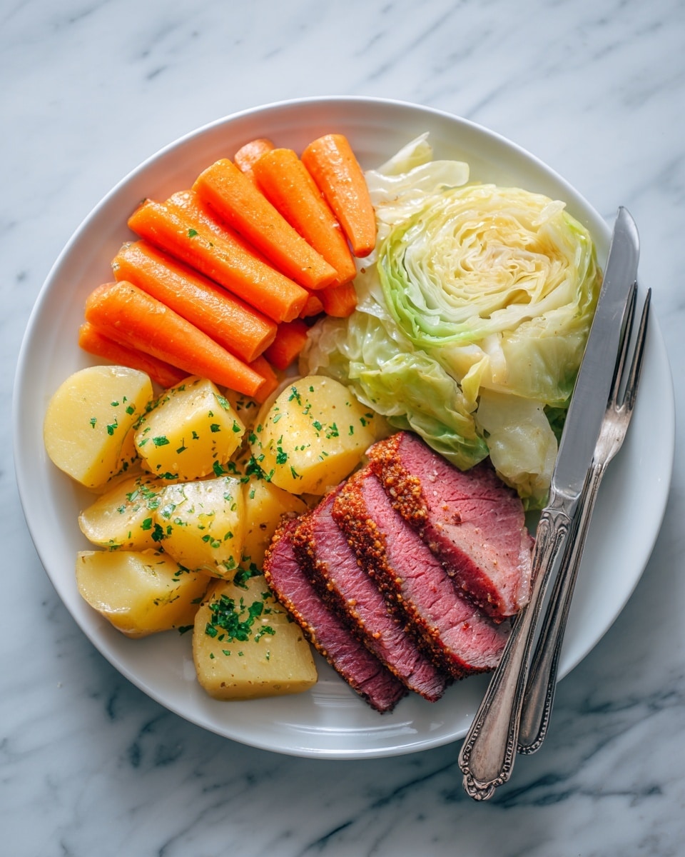 A white plate sits on a white marbled surface, filled with four main layers of food. Starting at the top right, there is a pile of soft, light yellow cabbage with a tender texture. To the top left, several bright orange carrot sticks are stacked, showing a firm, smooth surface. Below the carrots, to the bottom left, are golden yellow potato chunks sprinkled with small green herbs, looking soft and slightly shiny. Finally, at the bottom right, two thick slices of pinkish-red meat with a crust of spices around the edges lay side by side, showing a rough texture. A knife and fork rest on the left side on the white marbled surface. photo taken with an iphone --ar 4:5 --v 7