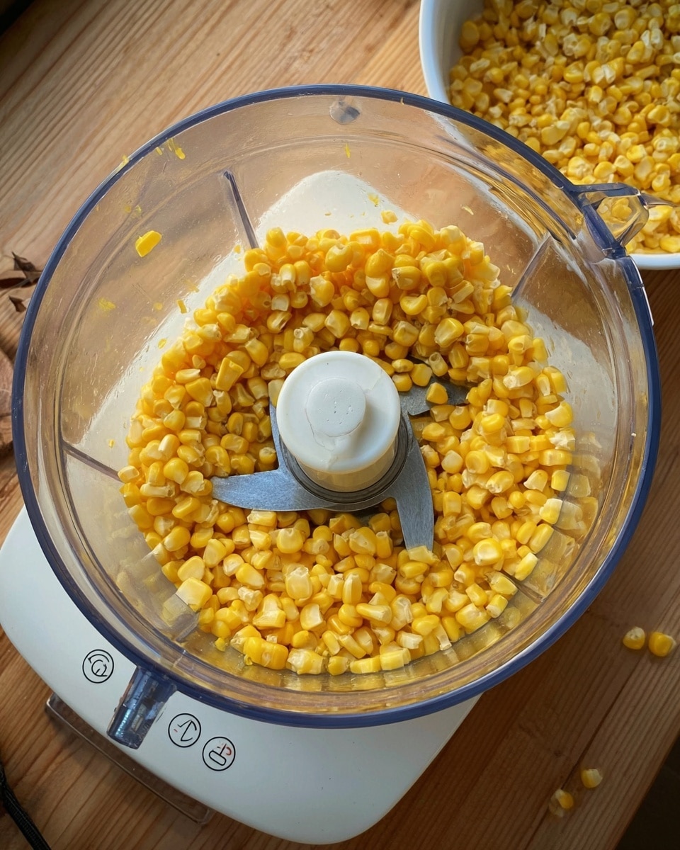 A clear blender bowl filled halfway with yellow corn kernels, sitting on a white blender base with visible buttons on a wooden surface. The blender lid is removed, showing the metal blades inside beneath the corn. Part of a white bowl with more corn is visible in the upper right corner. Photo taken with an iphone --ar 4:5 --v 7
