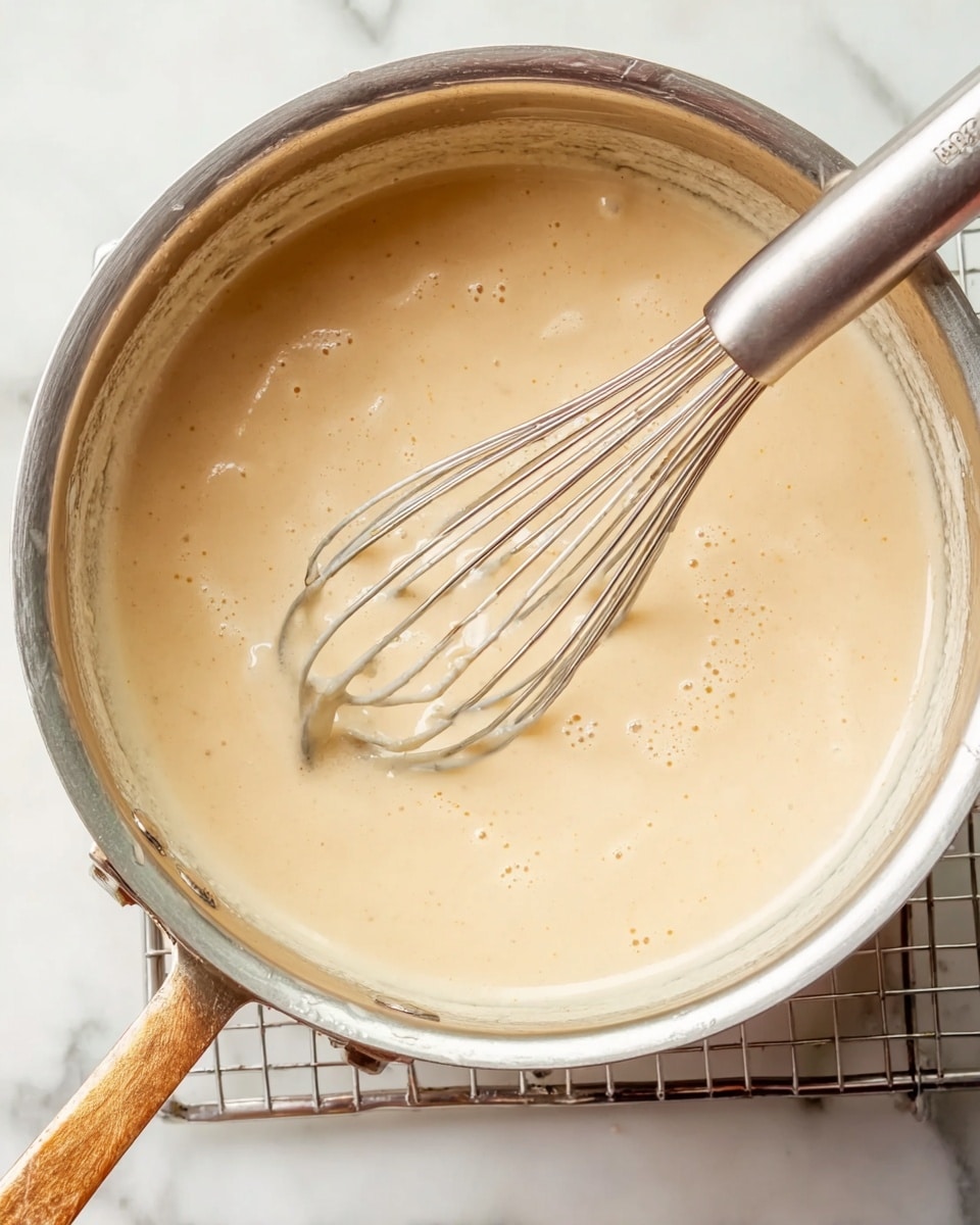 A close-up of a shiny metal pot filled with a smooth, light beige sauce being stirred by a metal whisk. The sauce has a thick, creamy texture with tiny bubbles and a few specks scattered throughout. The pot sits on a white marbled surface with a wire rack underneath it. photo taken with an iphone --ar 4:5 --v 7