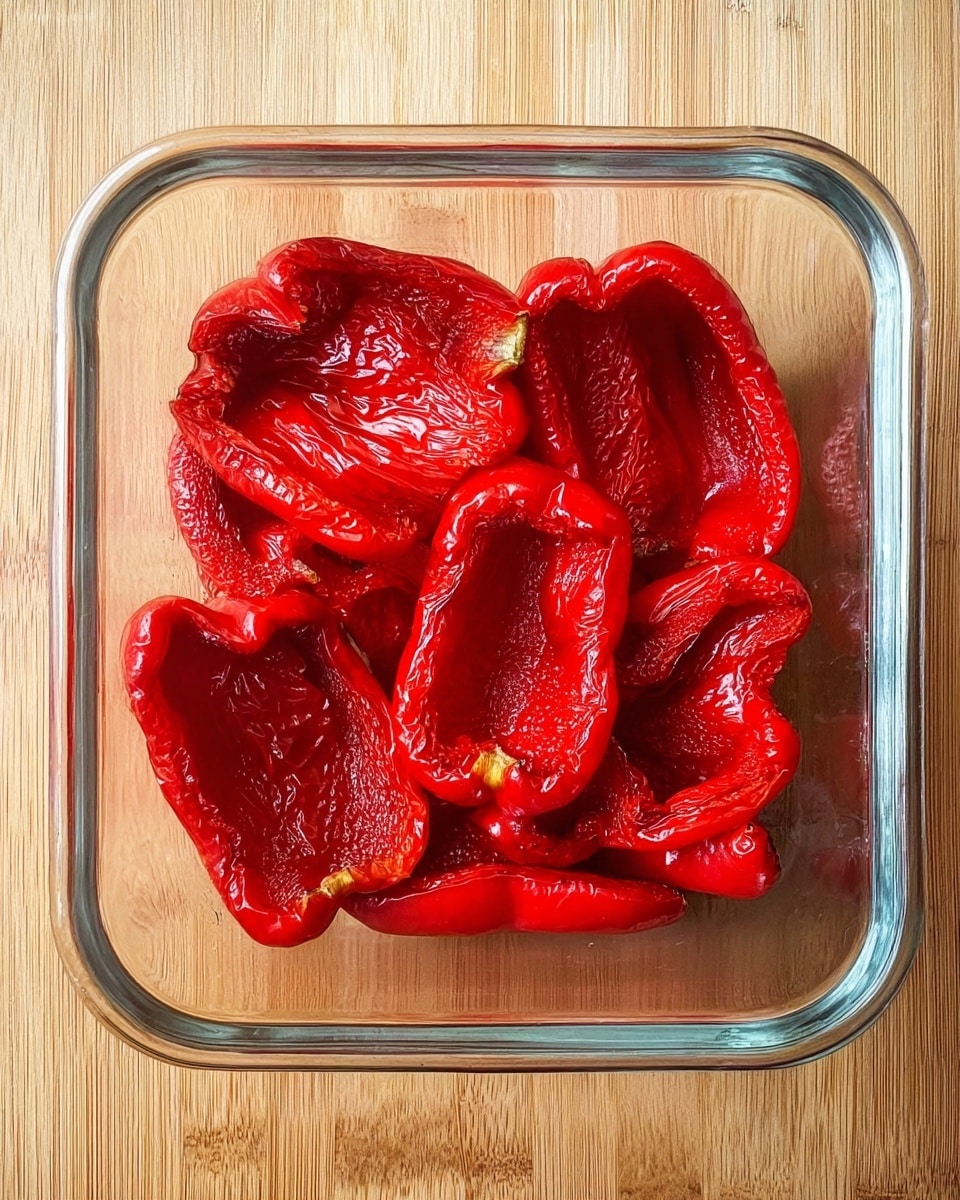 A white plate filled with layers of glossy roasted red peppers. The peppers are sliced into long, thin strips, and they cover the whole plate in an uneven, slightly overlapping pattern. The colors range from bright red to deep reddish-brown, with a shiny, oily texture that reflects light. Some parts have a bit of charred black, showing they were roasted well. The plate sits on a surface with a white marbled texture. photo taken with an iphone --ar 4:5 --v 7