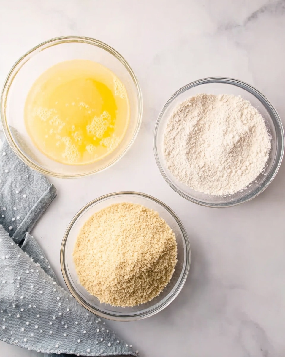 The image shows three clear glass bowls arranged on a white marbled surface. The top left bowl holds a beaten egg mixture, light yellow with some bubbles on the surface. To the right, the second bowl contains white flour, smooth and powdery. Below both, the third bowl is filled with a coarse, light beige breadcrumb-like substance. A soft grey cloth with small white dots is placed beneath the bowls, adding texture to the background. photo taken with an iphone --ar 4:5 --v 7