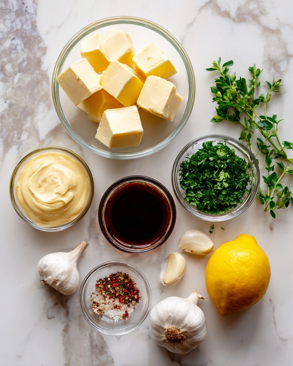 The image shows key ingredients arranged on a white marbled surface: a clear glass bowl at the top with several light yellow cubes of butter, a small clear bowl to the left filled with creamy pale yellow Dijon mustard, another small clear bowl in the center holding dark brown Worcestershire sauce, a clear bowl on the right containing finely chopped bright green fresh herbs, a whole yellow lemon placed near the bottom, two small garlic cloves just above the lemon, and a small clear bowl with mixed white, red, and black seasoning near the lemon. Large white text labels each ingredient. photo taken with an iphone --ar 4:5 --v 7